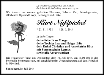 Traueranzeige von Kurt Nußpickel von Südthüringer Presse