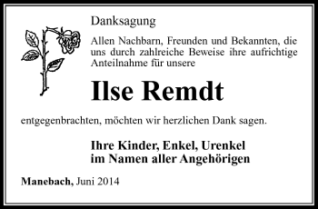 Traueranzeige von Ilse Remdt von Südthüringer Presse