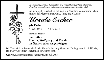 Traueranzeige von Ursula Escher von Südthüringer Presse