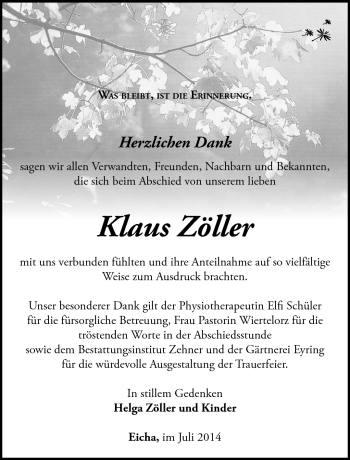 Traueranzeige von Klaus Zöller von Südthüringer Presse