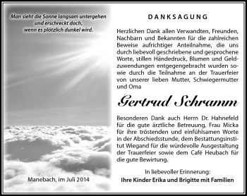 Traueranzeige von Gertrud Schramm von Südthüringer Presse
