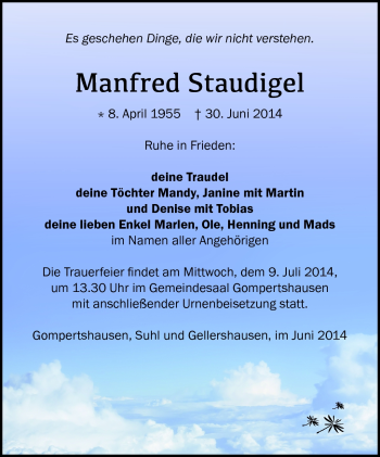 Traueranzeige von Manfred Staudigel von Südthüringer Presse