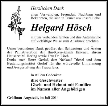 Traueranzeige von Helgard Hösch von Südthüringer Presse