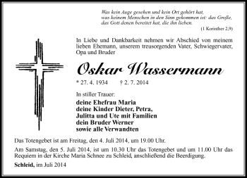 Traueranzeige von Oskar Wassermann von Südthüringer Presse