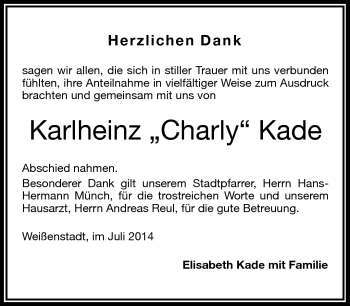 Traueranzeige von Karlheinz Charly Kade von Frankenpost