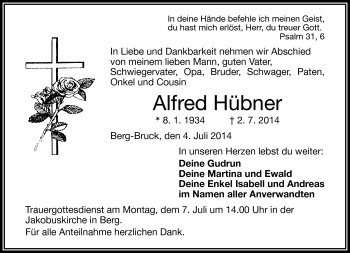Traueranzeige von Alfred Hübner von Frankenpost