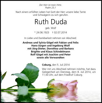 Traueranzeige von Ruth Duda von Neue Presse Coburg