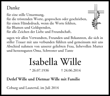 Traueranzeige von Isabella Wille von Neue Presse Coburg