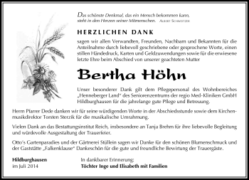 Traueranzeige von Bertha Höhn von Südthüringer Presse