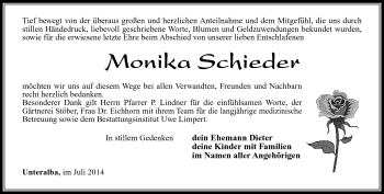 Traueranzeige von Monika Schieder von Südthüringer Presse