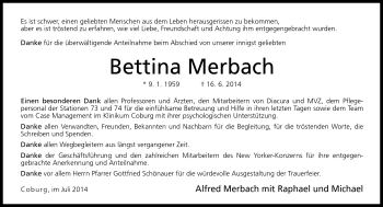 Traueranzeige von Bettina Merbach von Neue Presse Coburg