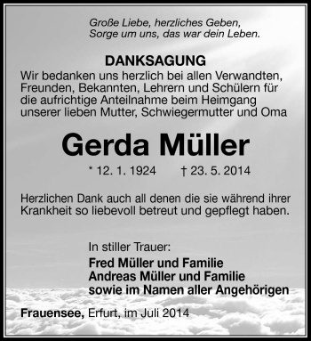 Traueranzeige von gerda Müller von Südthüringer Presse