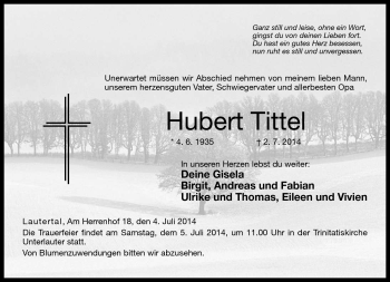 Traueranzeige von Hubert Tittel von Neue Presse Coburg