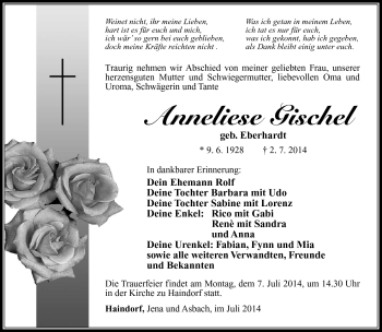 Traueranzeige von Anneliese Gischel von Südthüringer Presse
