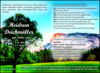 Traueranzeige von Heidrun Deichmöller von Südthüringer Presse