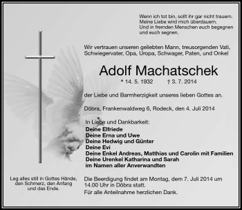 Traueranzeige von Adolf Machatschek von Frankenpost
