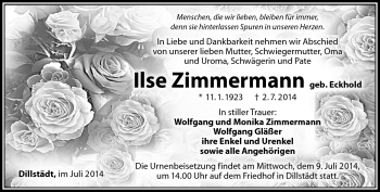 Traueranzeige von Ilse Zimmermann von Südthüringer Presse