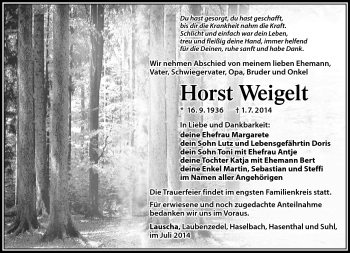 Traueranzeige von Horst Weigelt von Südthüringer Presse