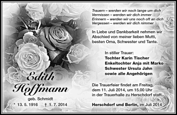 Traueranzeige von Edith Hoffmann von Südthüringer Presse