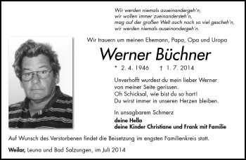 Traueranzeige von Werner Büchner von Südthüringer Presse