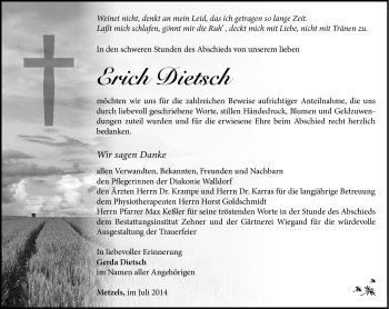 Traueranzeige von Erich Dietsch von Südthüringer Presse