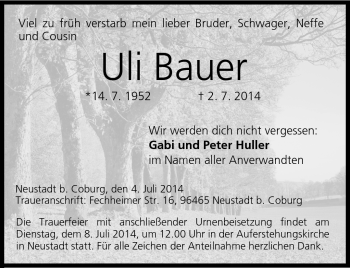 Traueranzeige von Uli Bauer von Neue Presse Coburg