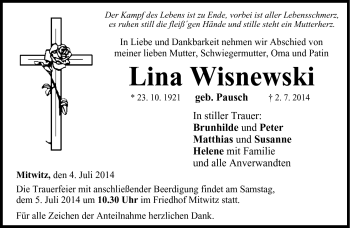 Traueranzeige von Lina Wisnewski von Neue Presse Coburg