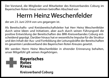 Traueranzeige von Heinz Weschenfelder von Neue Presse Coburg