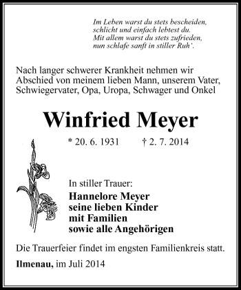 Traueranzeige von Winfried Meyer von Südthüringer Presse