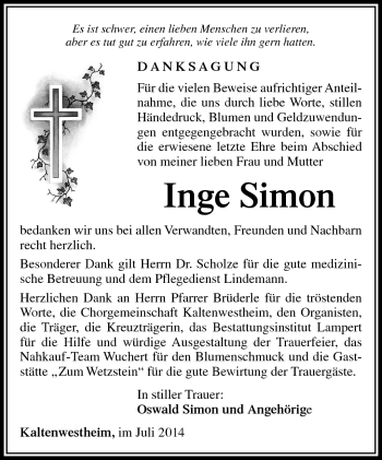 Traueranzeige von INge Simon von Südthüringer Presse