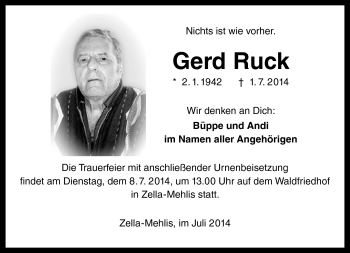 Traueranzeige von Gerd Ruck von Südthüringer Presse