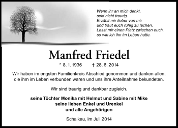 Traueranzeige von Manfred Friedel von Südthüringer Presse