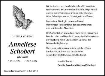 Traueranzeige von Anneliese Schobert von Neue Presse Coburg