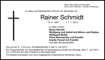 Traueranzeige von Rainer Schmidt von Neue Presse Coburg