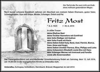 Traueranzeige von Fritz Most von Südthüringer Presse