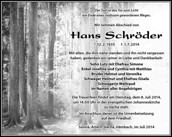 Traueranzeige von Hans Schröder von Südthüringer Presse