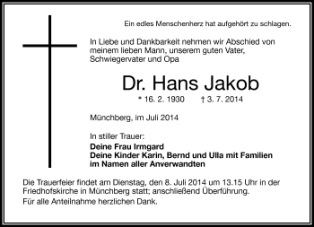 Traueranzeige von Hans Jakob von Frankenpost