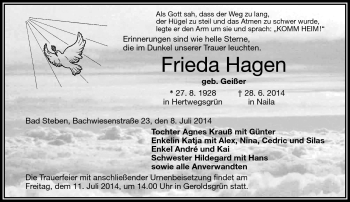 Traueranzeige von Frieda Hagen von Frankenpost