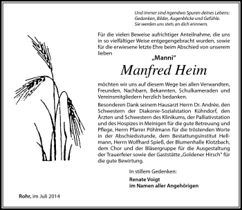 Traueranzeige von Manfred Heim von Südthüringer Presse