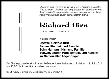 Traueranzeige von Richard Hirn von Südthüringer Presse