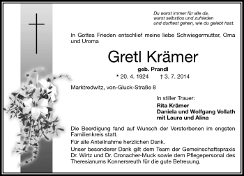 Traueranzeige von Gretl Krämer von Frankenpost