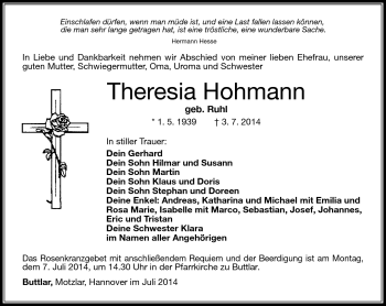 Traueranzeige von Theresia Hohmann von Südthüringer Presse