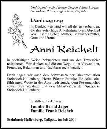Traueranzeige von Anni Reichelt von Südthüringer Presse