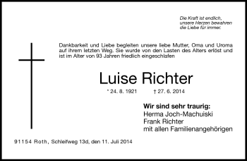 Traueranzeige von Luise Richter von Neue Presse Coburg