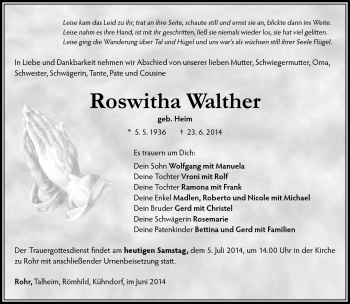 Traueranzeige von Roswitha Walther von Südthüringer Presse