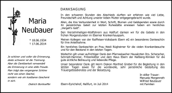 Traueranzeige von Maria Neubauer von Neue Presse Coburg