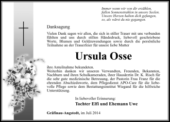 Traueranzeige von Ursula Osse von Südthüringer Presse