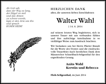 Traueranzeige von Walter Wahl von Südthüringer Presse