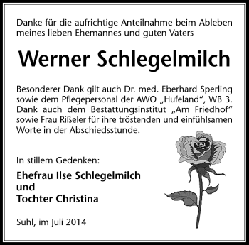 Traueranzeige von Werner Schlegelmilch von Südthüringer Presse