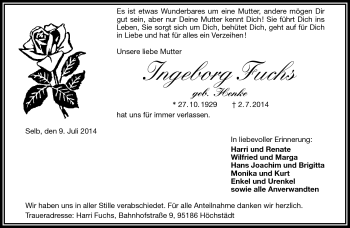 Traueranzeige von Ingeborg Fuchs von Frankenpost